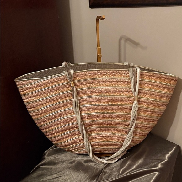 no brand Handbags - Striped Tan Gold silver and Cream wovenTote Bag